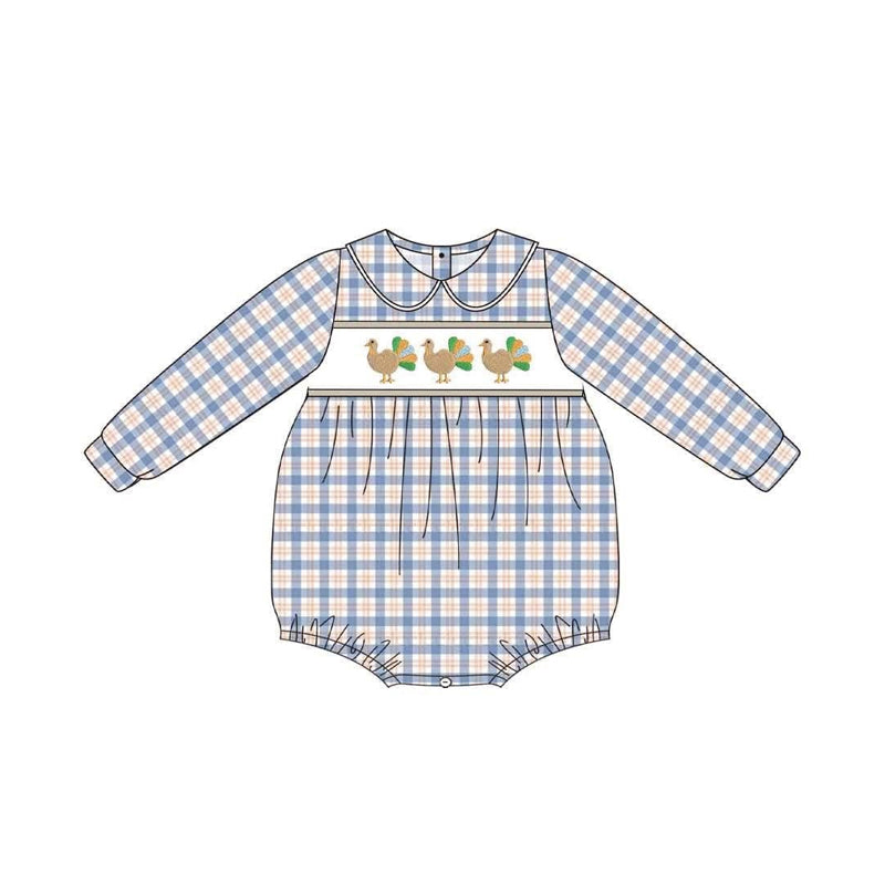 Preorder moq 5 Baby Boys Long Sleeve Blue Checked Turkey Thanksgiving Rompers