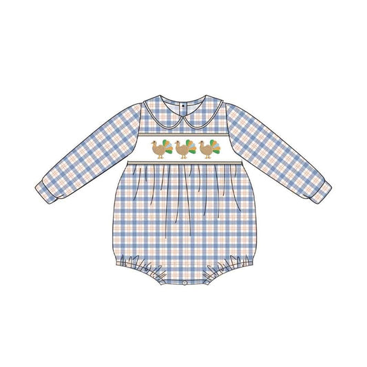 Preorder moq 5 Baby Boys Long Sleeve Blue Checked Turkey Thanksgiving Rompers
