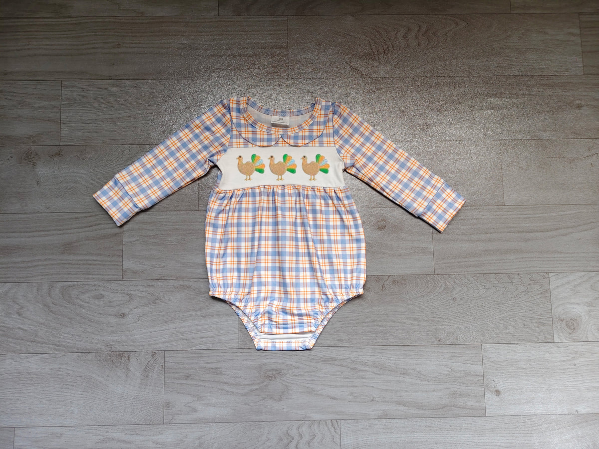 Embroidery Turkey Baby Boys Long Sleeve Thanksgiving Checked Rompers Preorder