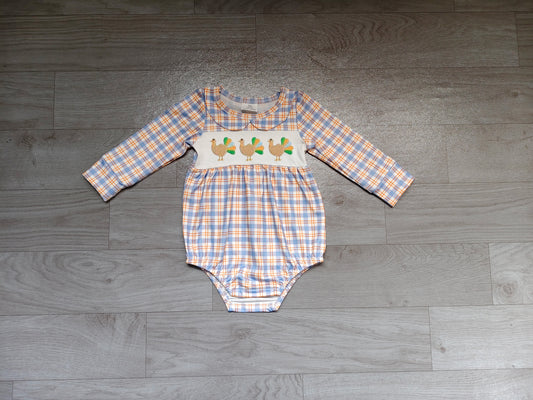 Embroidery Turkey Baby Boys Long Sleeve Thanksgiving Checked Rompers Preorder