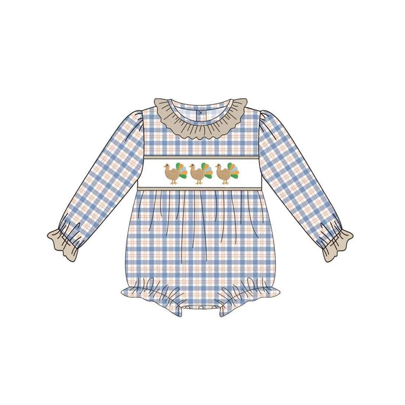 Preorder moq 5 Baby Girls Long Sleeve Blue Checked Turkey Thanksgiving Ruffle Rompers