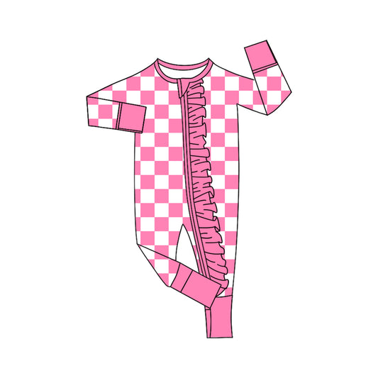 Preorder moq 5 Baby Girls Pink Checked Two Way Ruffle Zip Convertible Rompers