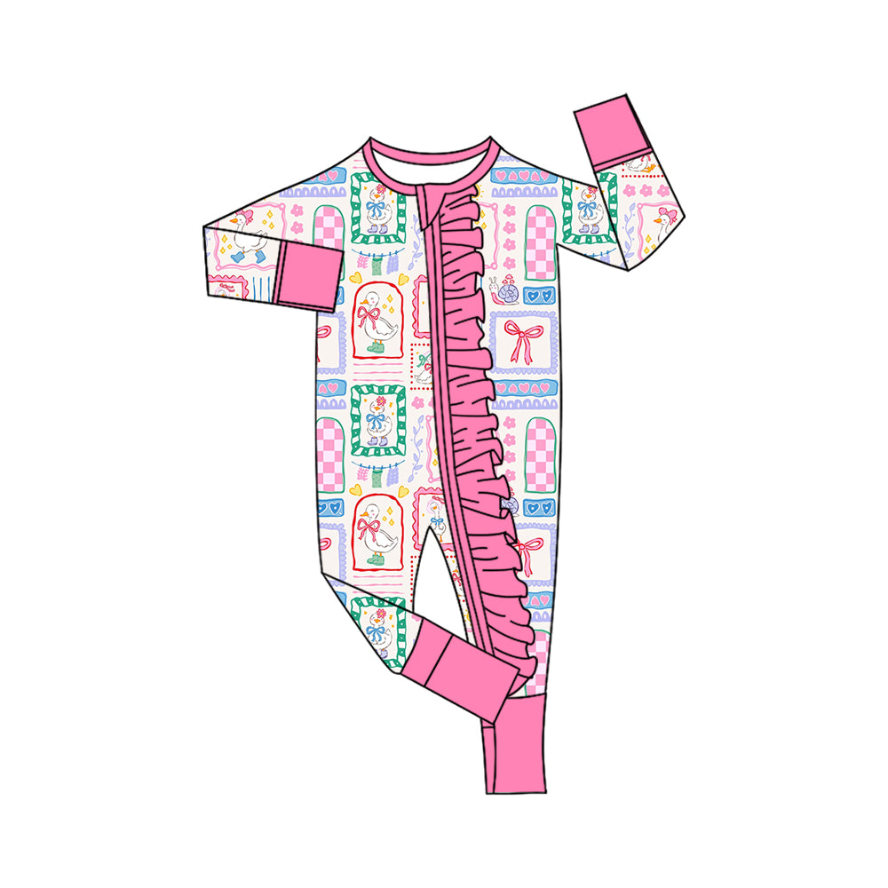 Preorder moq 5 Baby Girls Flowers Gooses Two Way Ruffle Zip Convertible Rompers