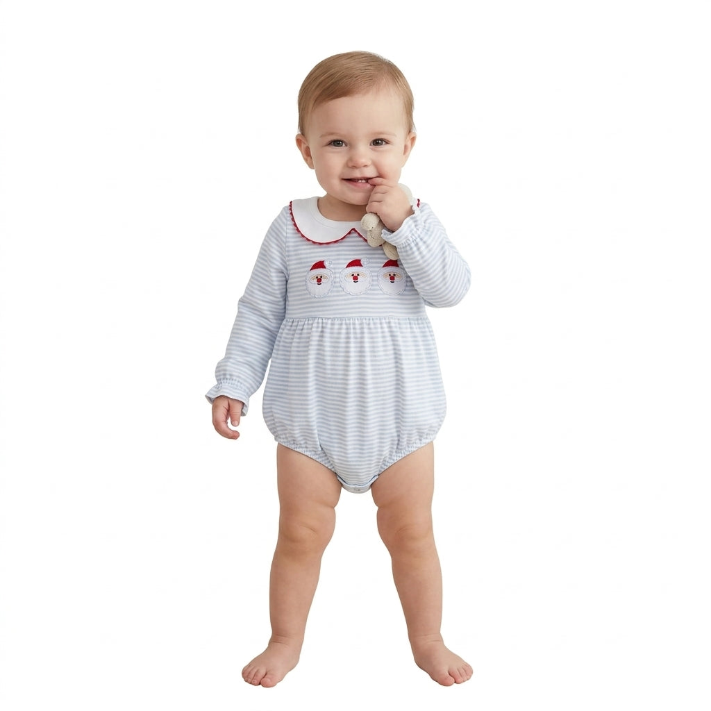 Embroidery Santa Baby Girls Blue Stripe Christmas Ruffle Rompers