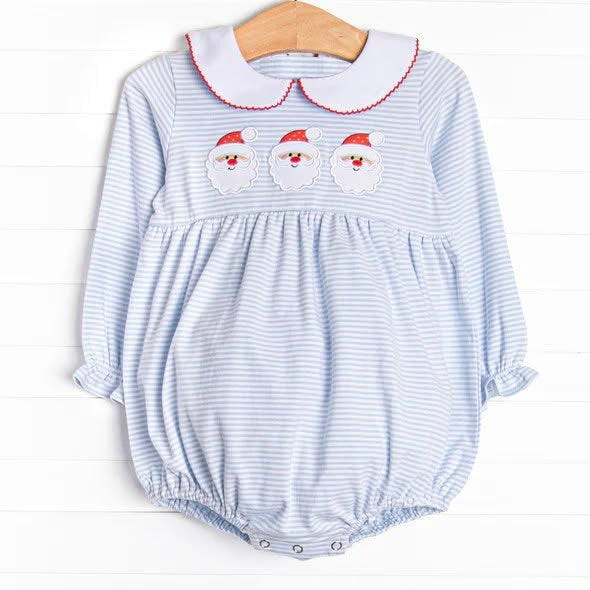 Preorder moq 5 Baby Girls Long Sleeve Blue Stripe Santa Christmas Ruffle Rompers