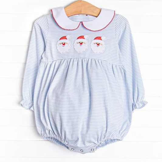 Preorder moq 5 Baby Girls Long Sleeve Blue Stripe Santa Christmas Ruffle Rompers