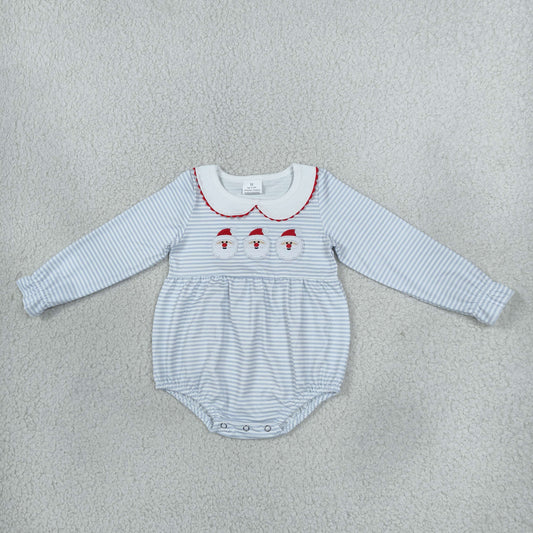 Embroidery Santa Baby Girls Blue Stripe Christmas Ruffle Rompers