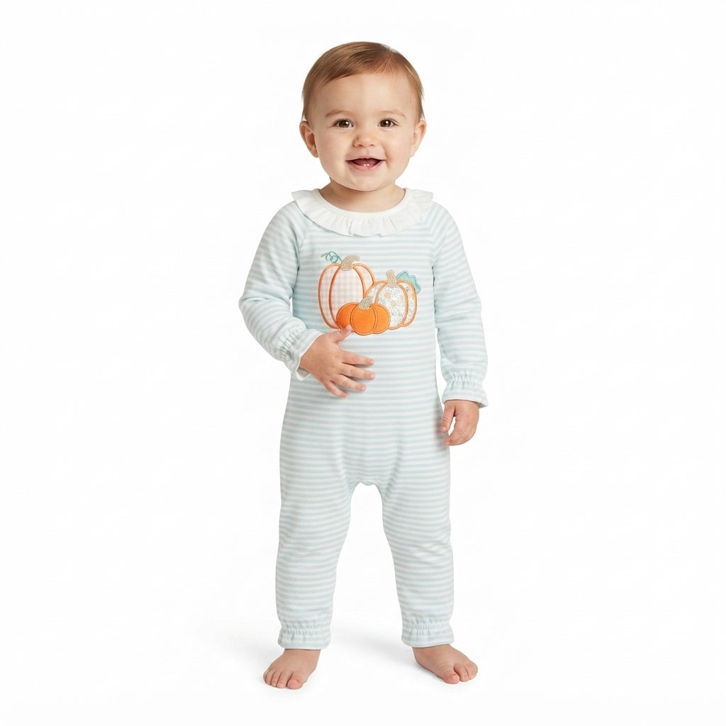 Embroidery Flower Pumpkins Baby Girls Green Stripe Fall Pant Rompers
