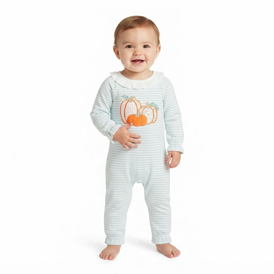 Embroidery Flower Pumpkins Baby Girls Green Stripe Fall Pant Rompers
