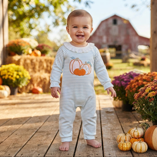 Embroidery Flower Pumpkins Baby Girls Green Stripe Fall Pant Rompers