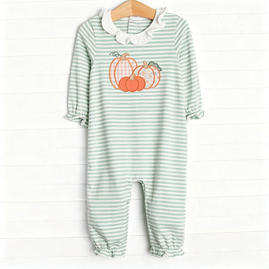Preorder moq 5 Baby Girls Long Sleeve Green Stripe Flower Pumpkins Fall Rompers