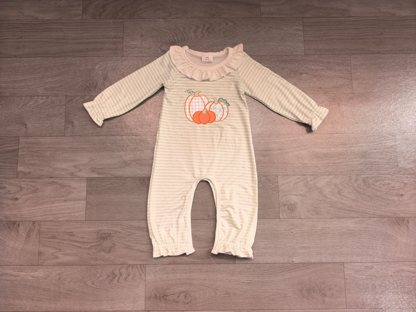 Embroidery Flower Pumpkins Baby Girls Green Stripe Fall Pant Rompers Preorder