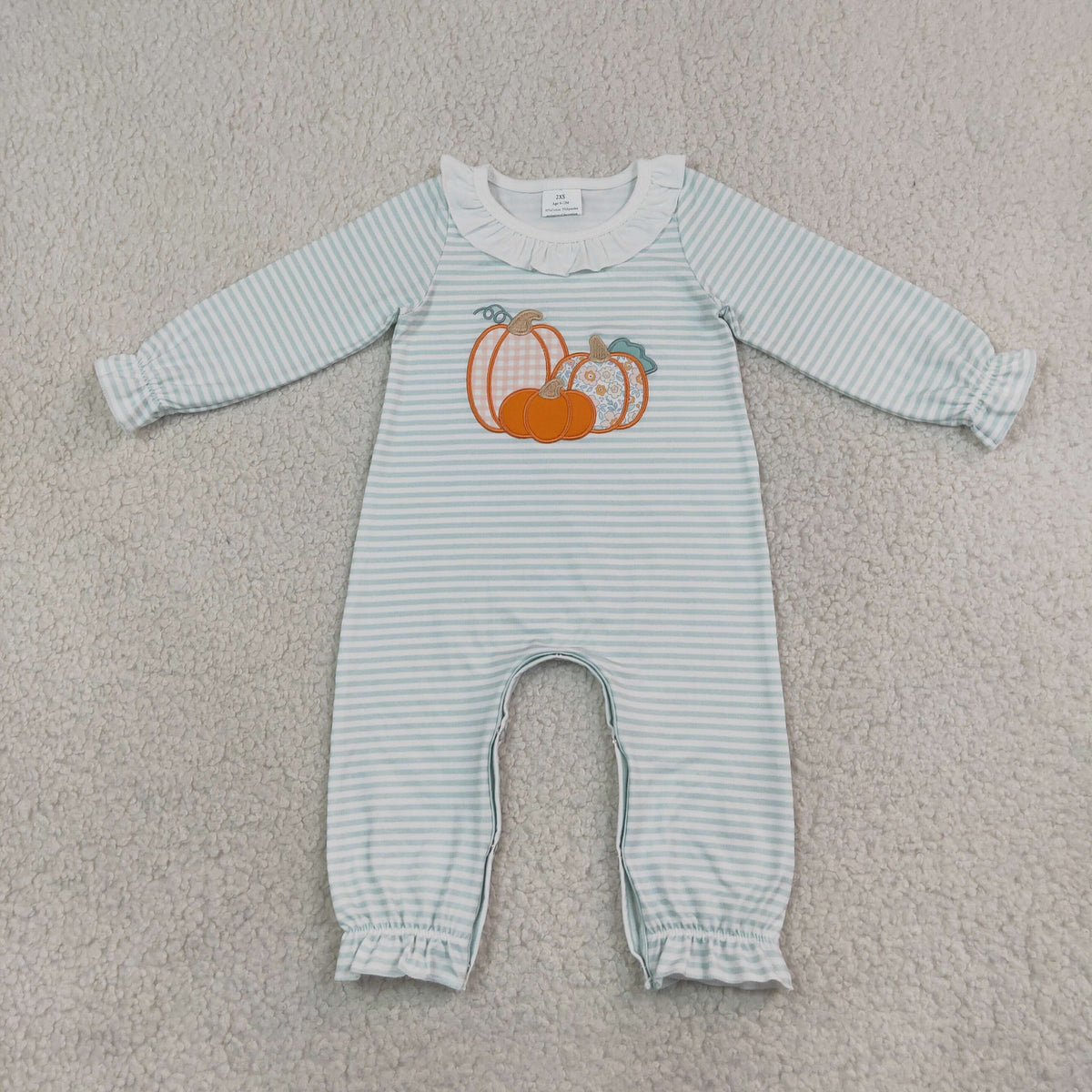 Embroidery Flower Pumpkins Baby Girls Green Stripe Fall Pant Rompers