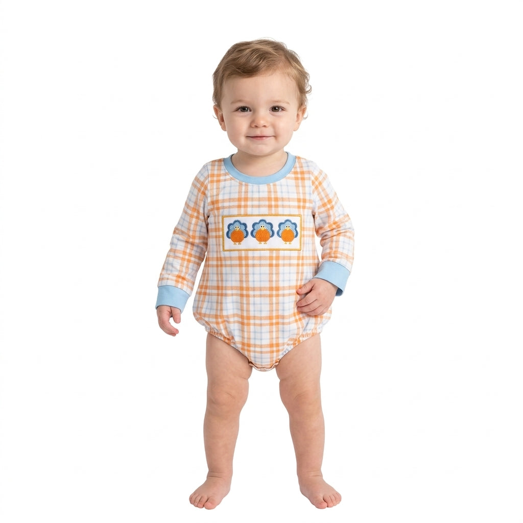 Embroidery Pumpkins Turkey Baby Boys Thanksgivings Checked Rompers