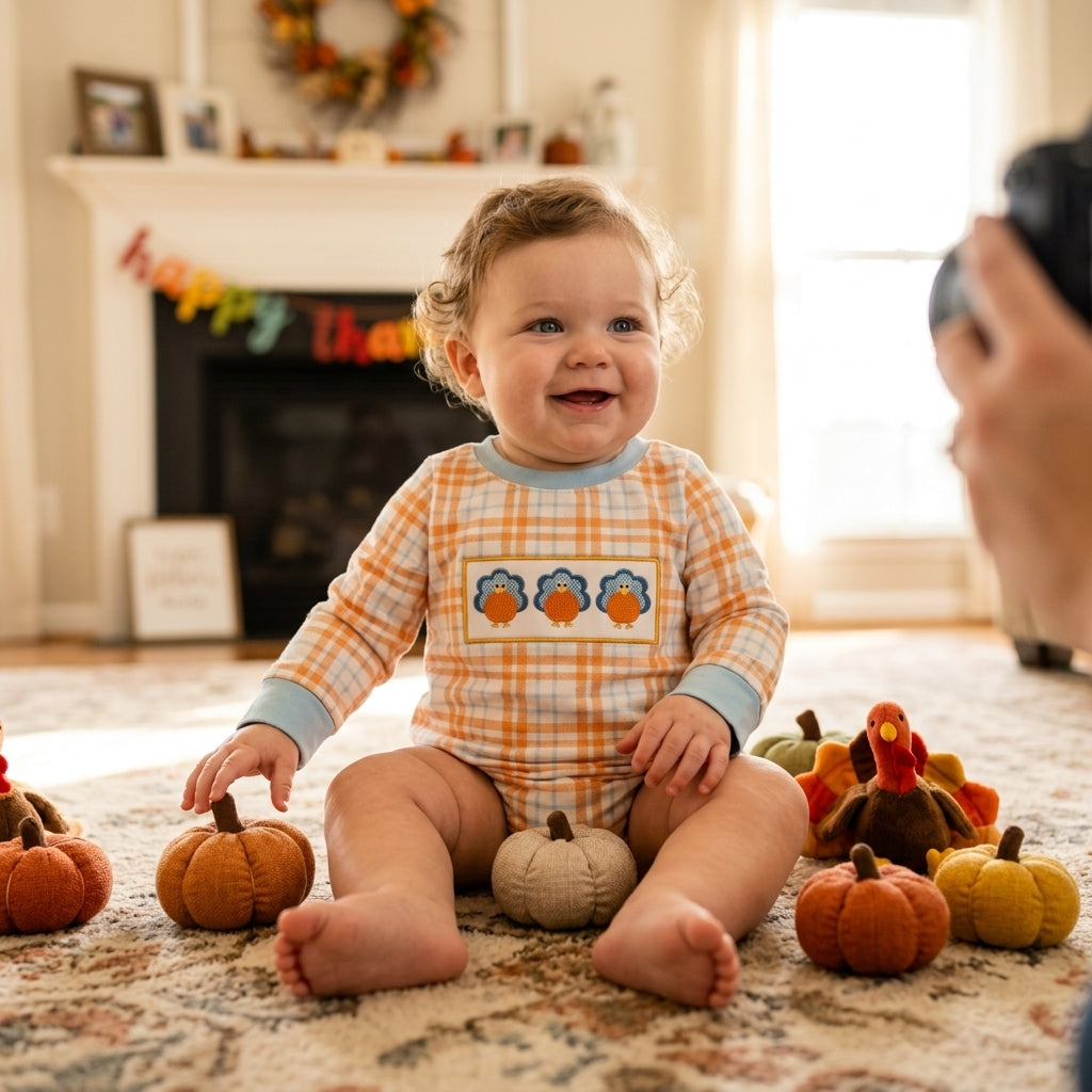 Embroidery Pumpkins Turkey Baby Boys Thanksgivings Checked Rompers