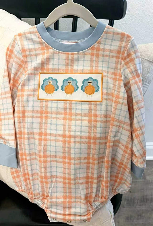 Preorder moq 5 Baby Boys Pumpkins Turkey Thanksgivings Checked Rompers