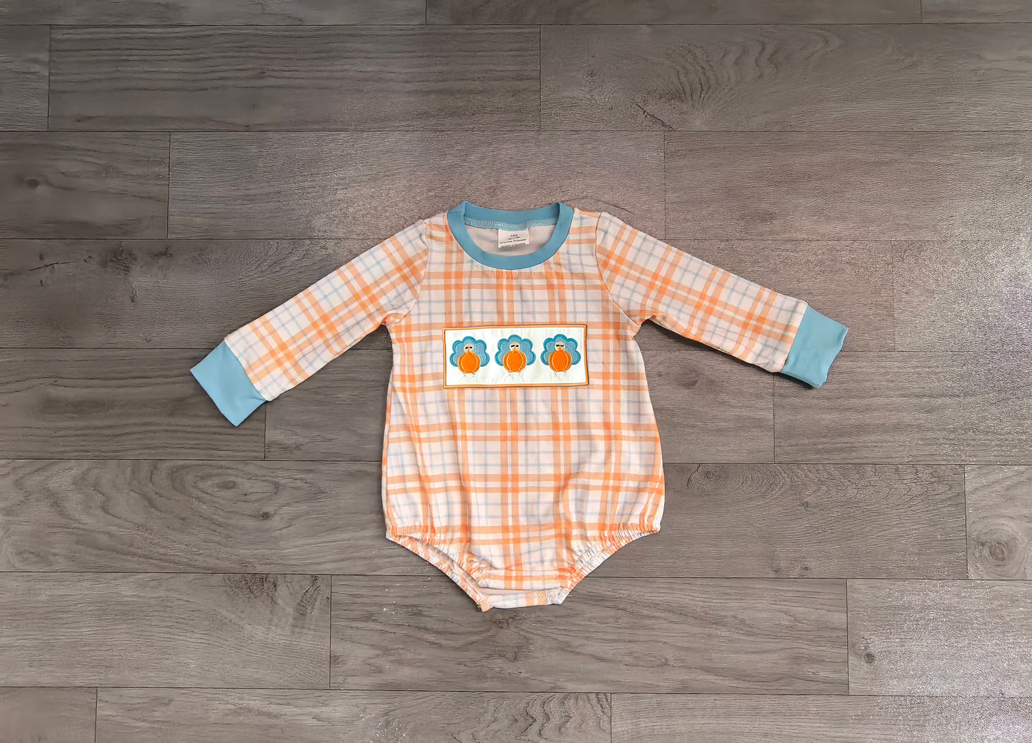 Embroidery Pumpkins Turkey Baby Boys Thanksgivings Checked Rompers Preorder