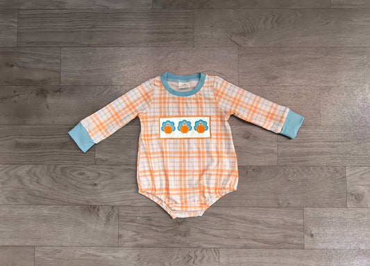 Embroidery Pumpkins Turkey Baby Boys Thanksgivings Checked Rompers Preorder