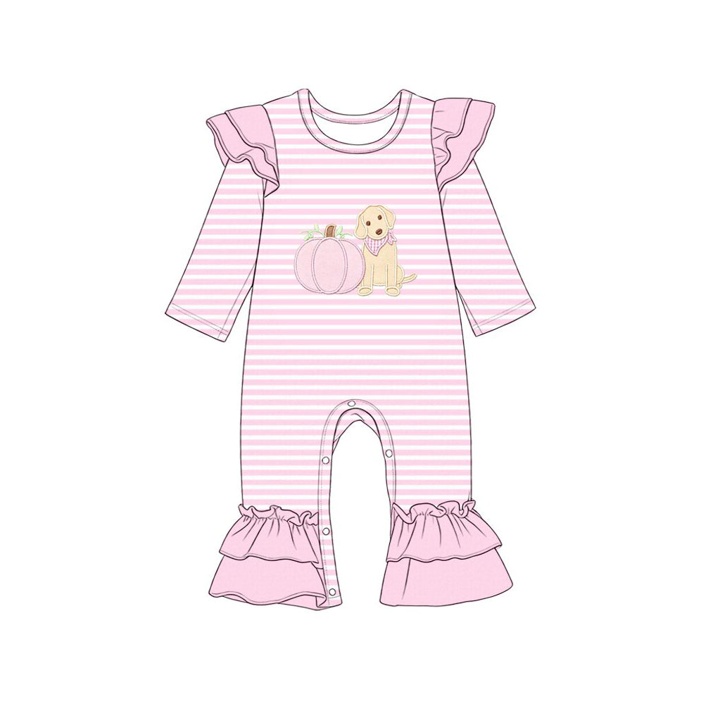 Preorder moq 5 Baby Girls Pink Stripe Pumpkins Dogs Fall Ruffle Pant Rompers
