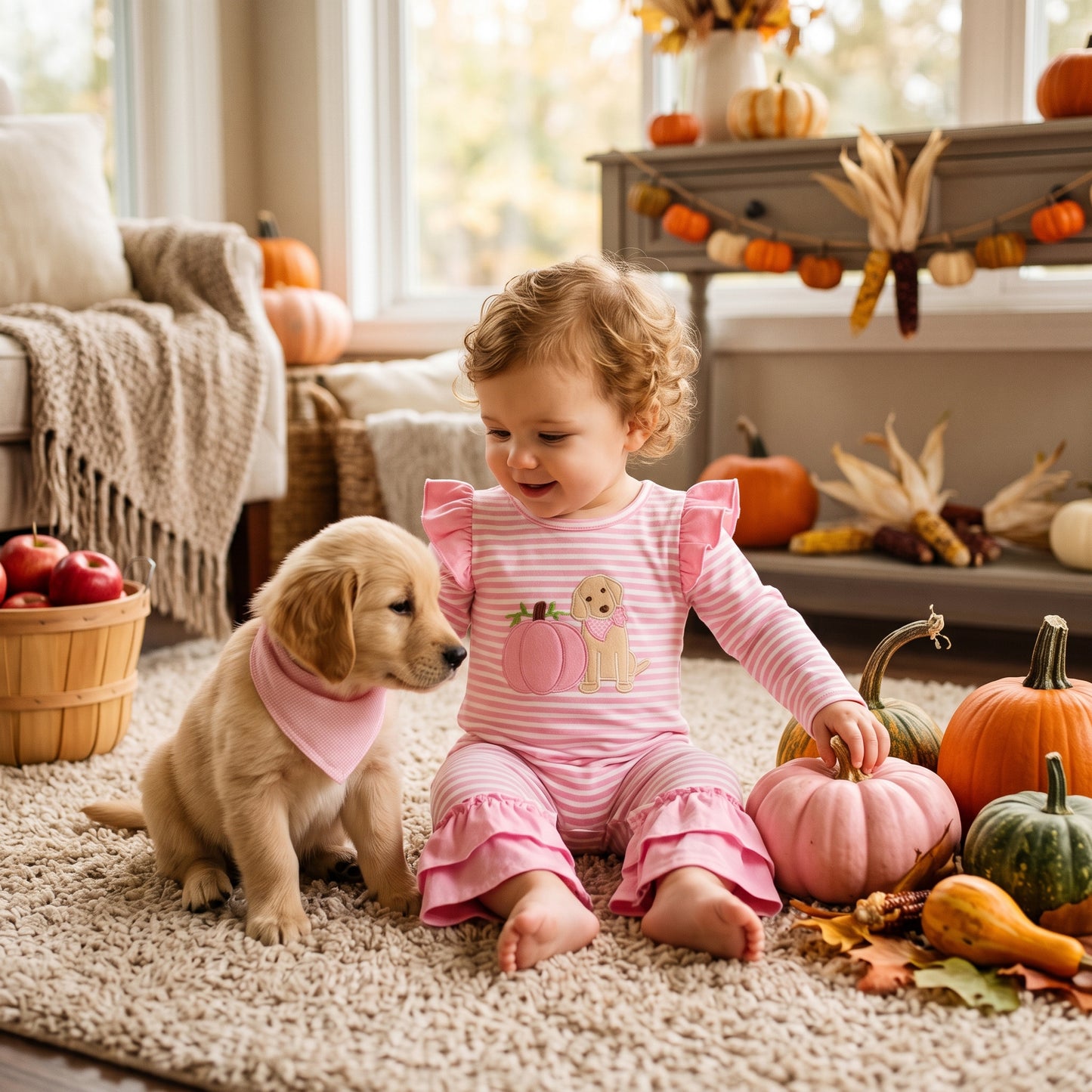 Embroidery Dogs Pumpkins Baby Girls Pink Stripe Fall Ruffle Pant Rompers