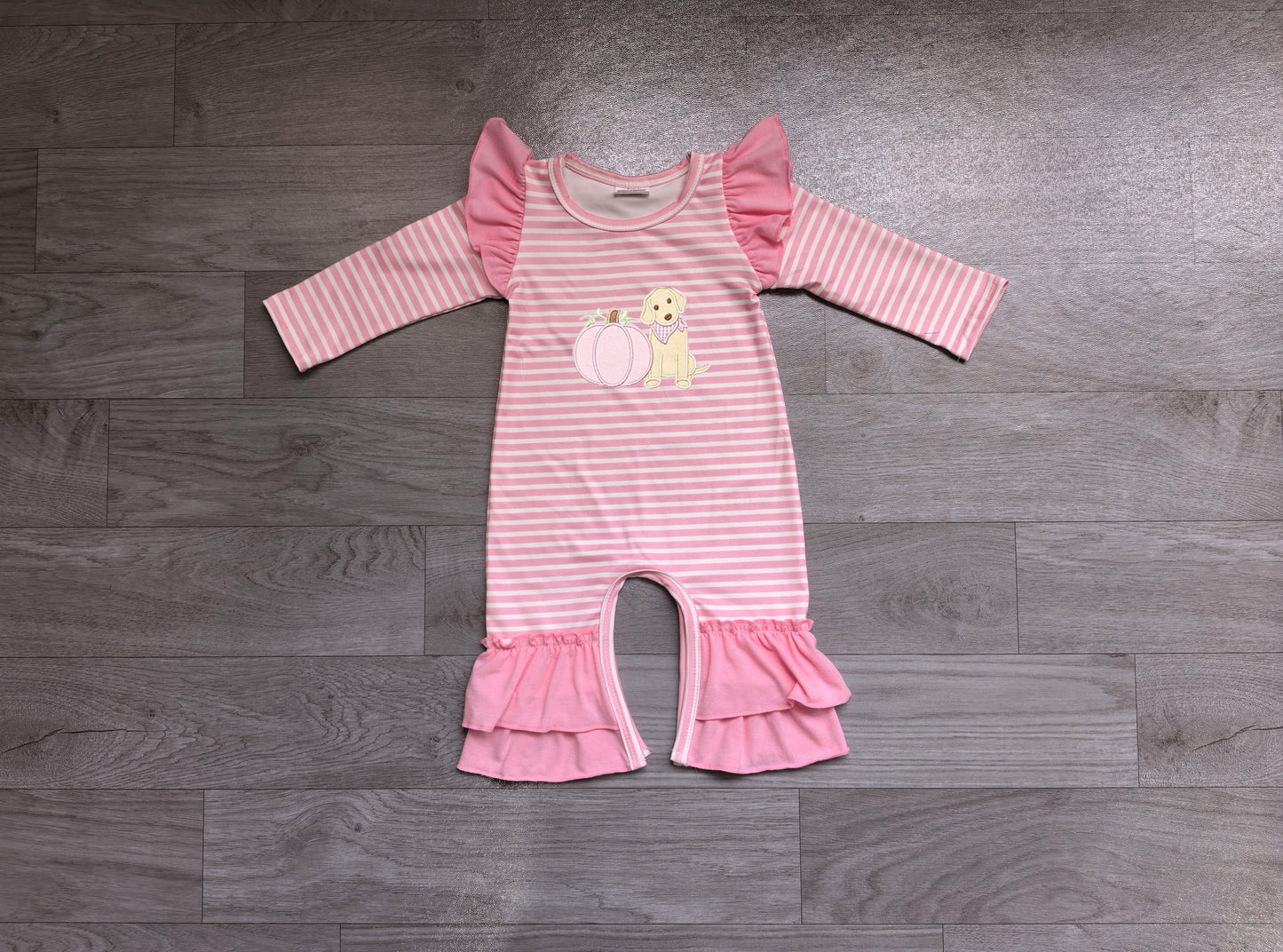 Embroidery Dogs Pumpkins Baby Girls Pink Stripe Fall Ruffle Pant Rompers Preorder