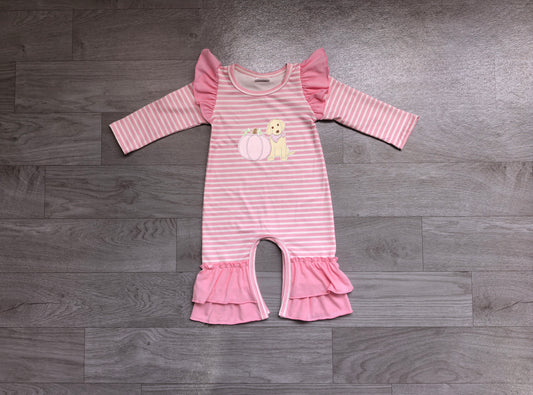 Embroidery Dogs Pumpkins Baby Girls Pink Stripe Fall Ruffle Pant Rompers Preorder