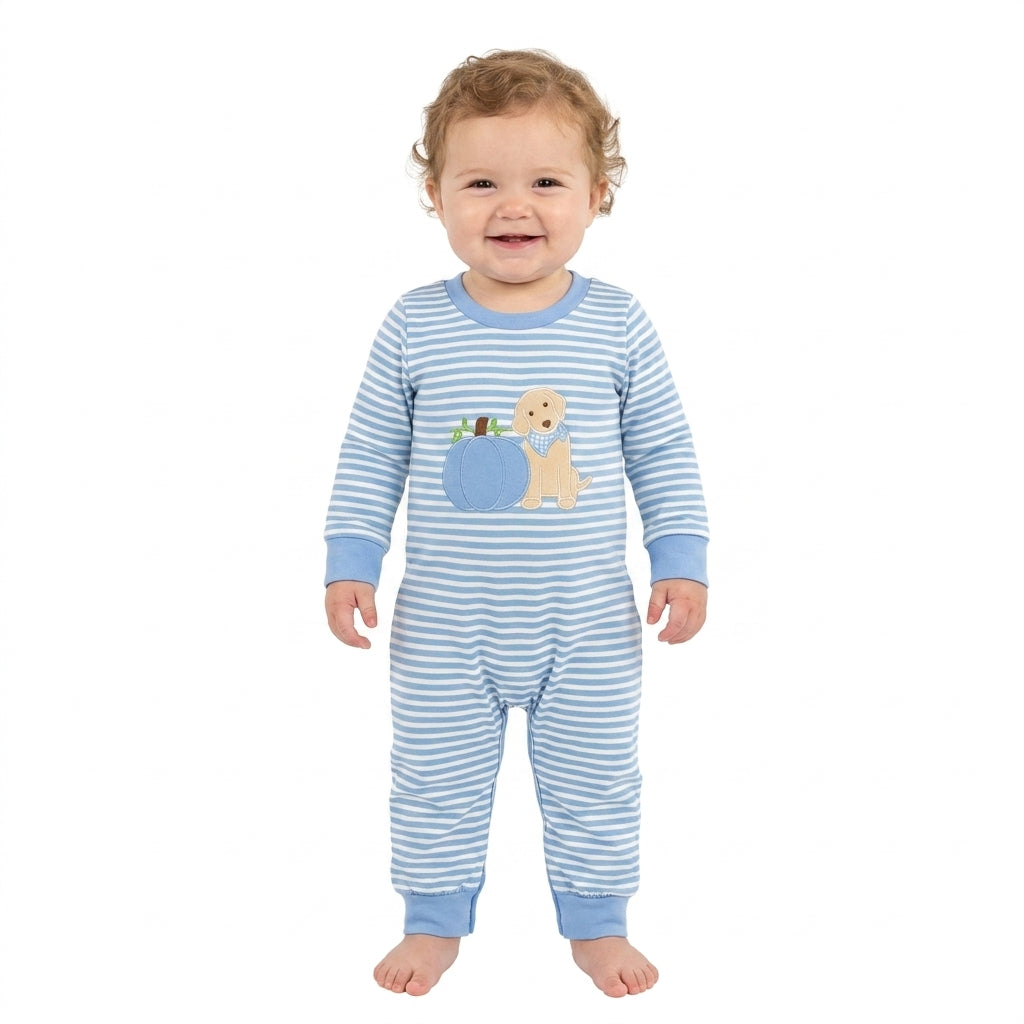 Embroidery Pumpkins Dogs Baby Boys Blue Stripe Fall Pant Rompers