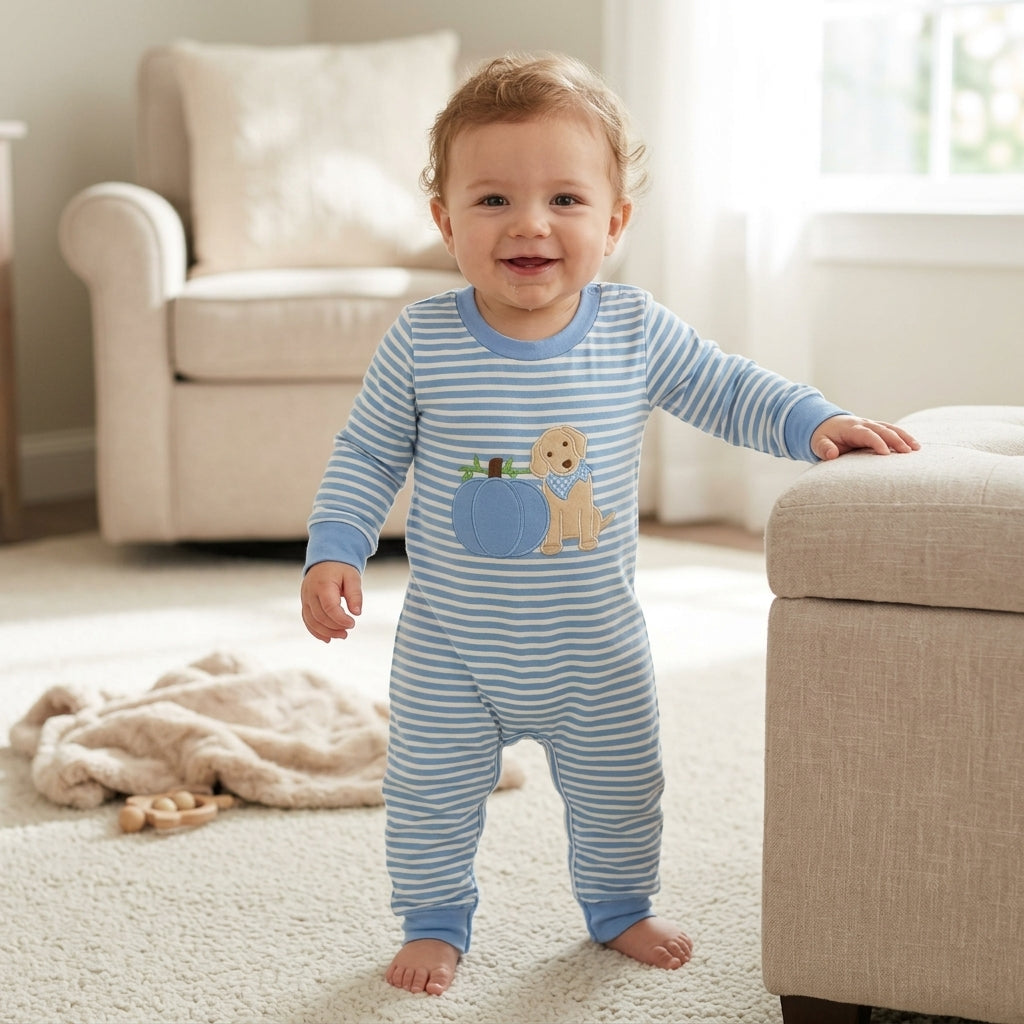 Embroidery Pumpkins Dogs Baby Boys Blue Stripe Fall Pant Rompers