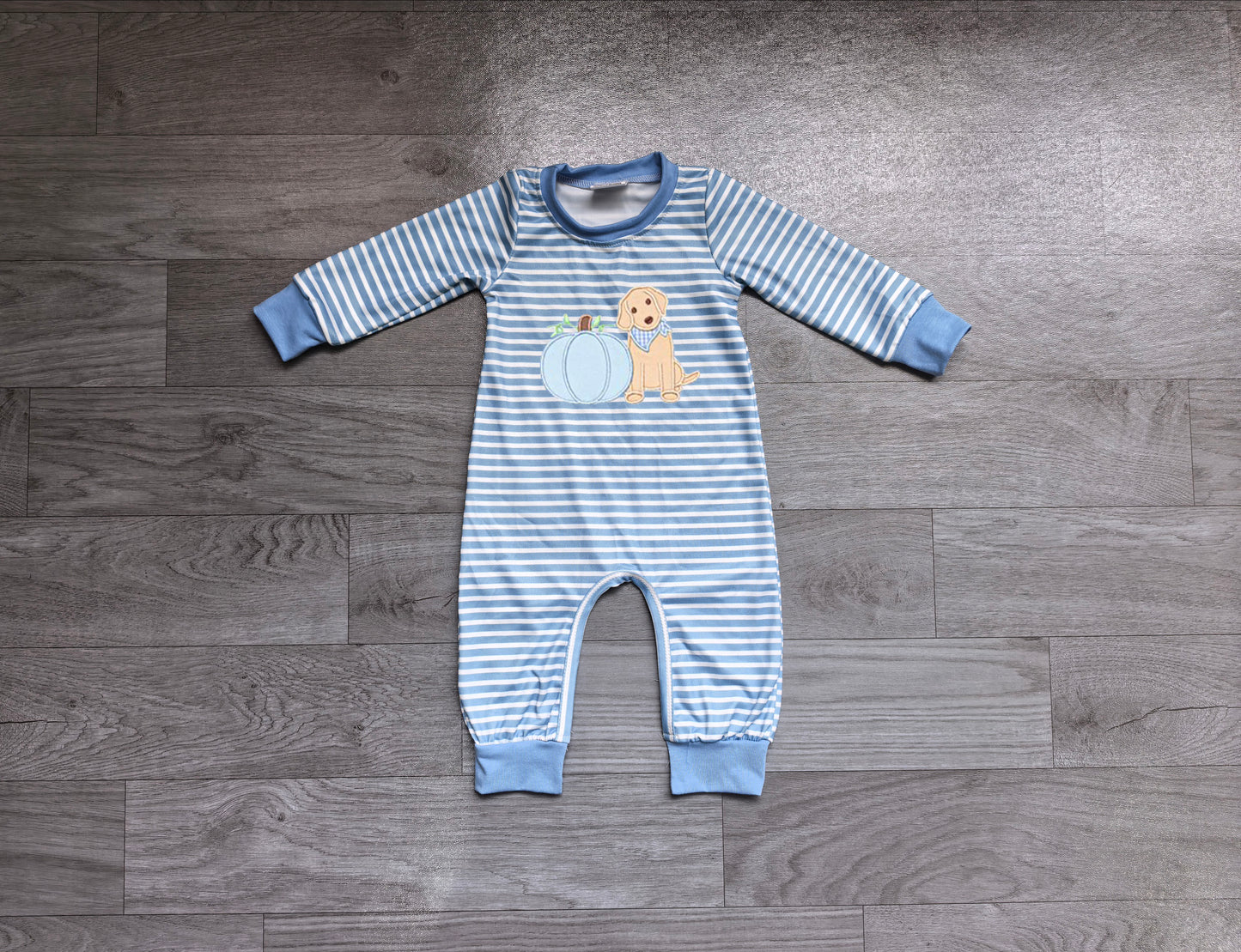 Embroidery Pumpkins Dogs Baby Boys Blue Stripe Fall Pant Rompers Preorder