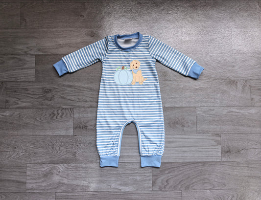 Embroidery Pumpkins Dogs Baby Boys Blue Stripe Fall Pant Rompers Preorder