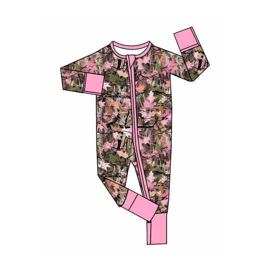 Preorder moq 5 Baby Girls Leaves Camo Two Way Zip Convertible Rompers