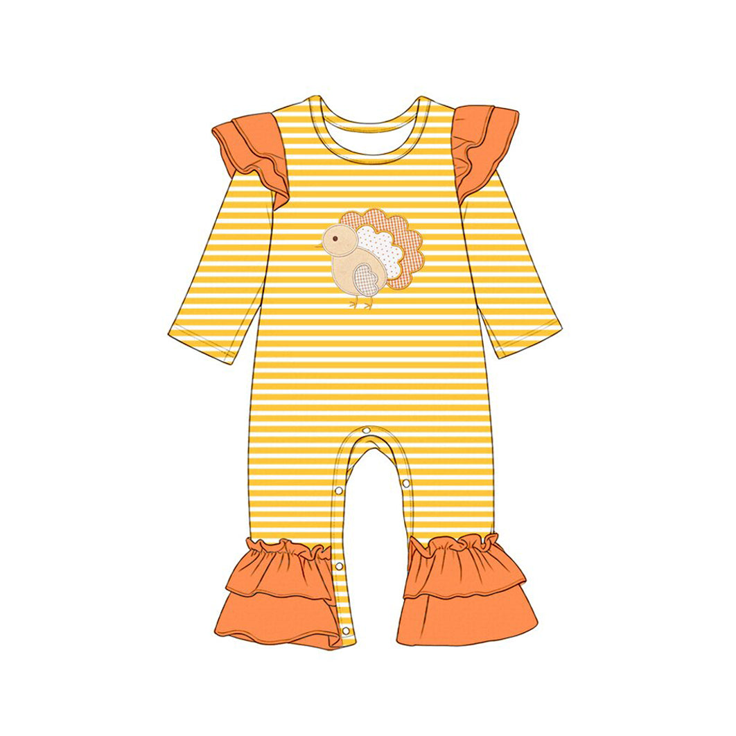 Preorder moq 5 Baby Girls Orange Stripe Turkey Thanksgivings Ruffle Pant Rompers