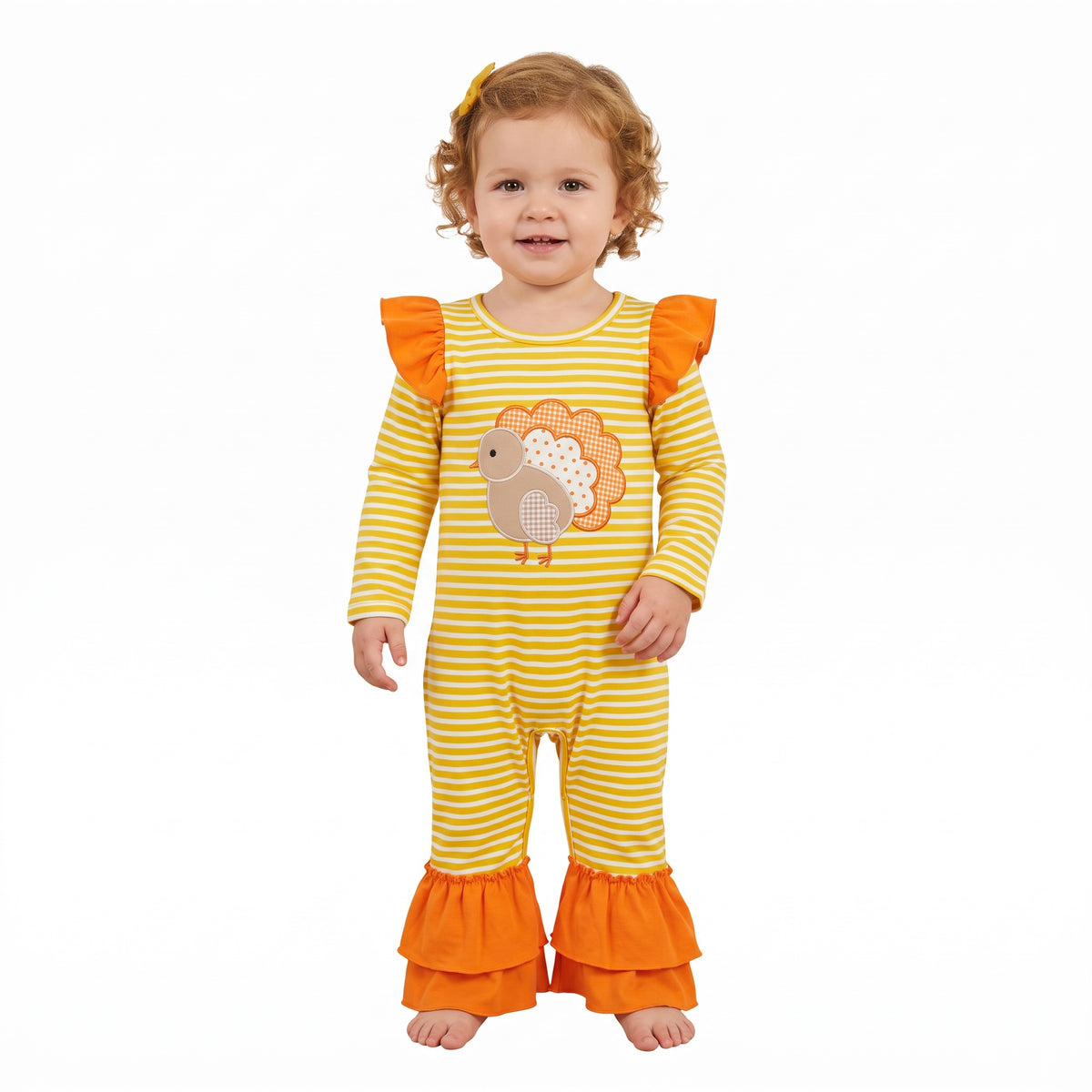 Embroidery Turkey Baby Girls Orange Stripe Thanksgivings Ruffle Pant Rompers