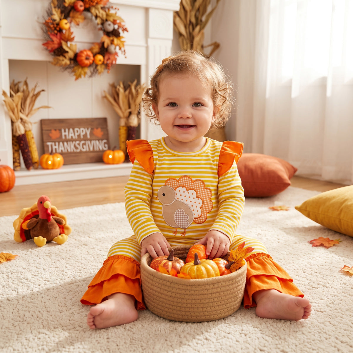 Embroidery Turkey Baby Girls Orange Stripe Thanksgivings Ruffle Pant Rompers