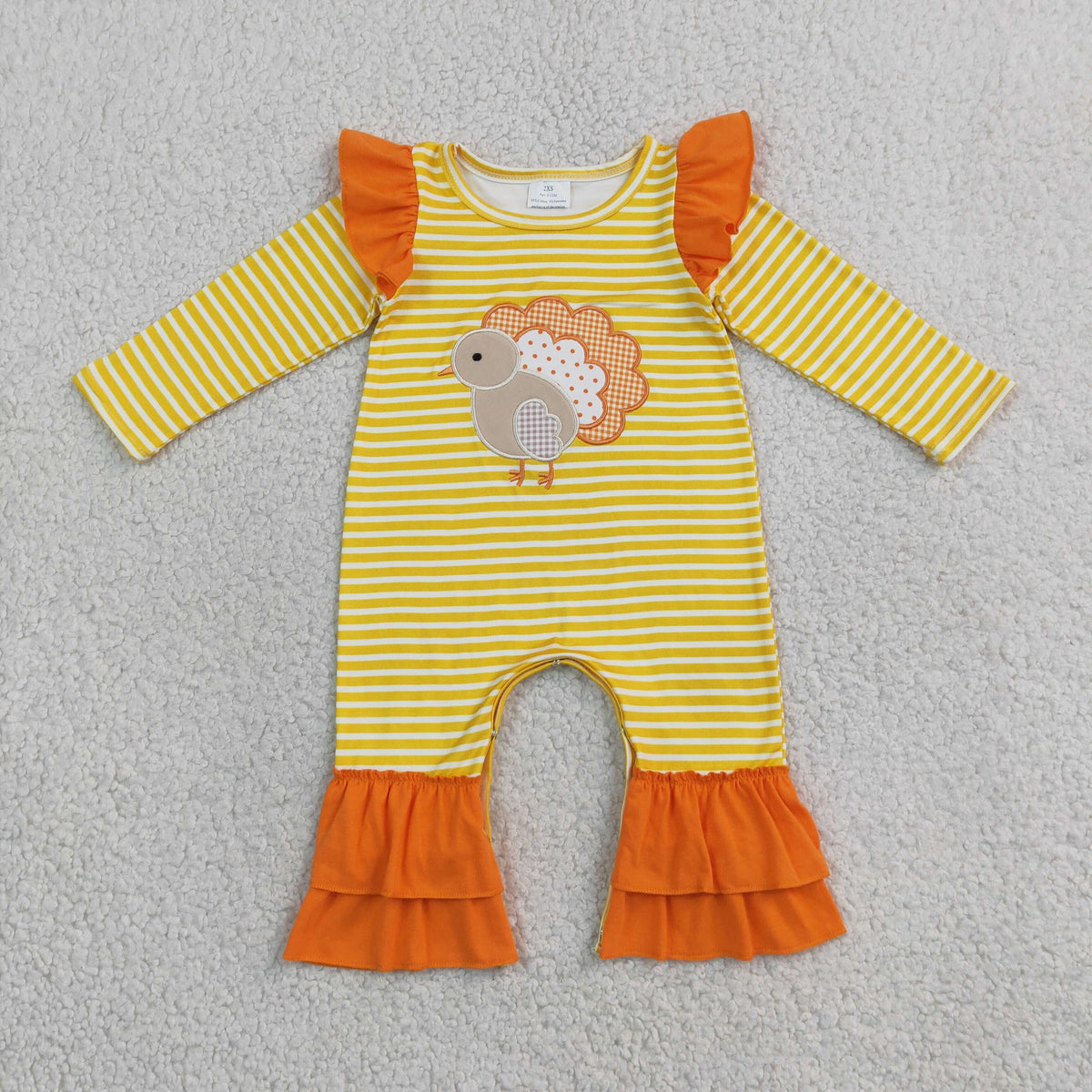 Embroidery Turkey Baby Girls Orange Stripe Thanksgivings Ruffle Pant Rompers