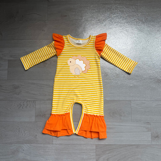 Embroidery Turkey Baby Girls Orange Stripe Thanksgivings Ruffle Pant Rompers Preorder