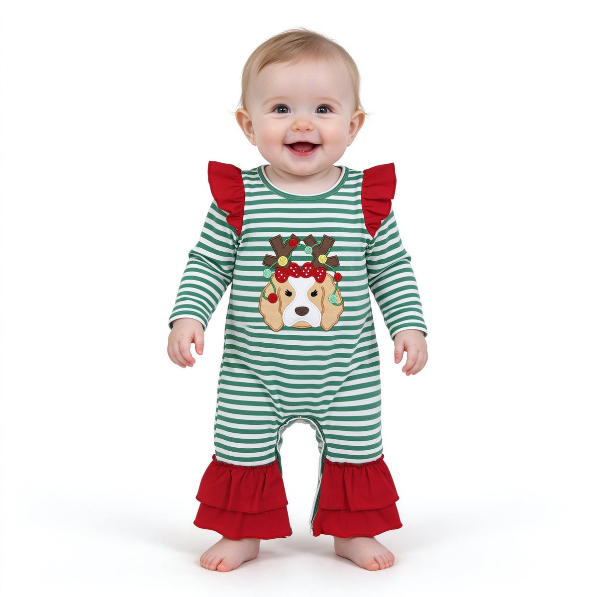 Embroidery Lights Dog Baby Girls Green Stripe Christmas Ruffle Pant Rompers