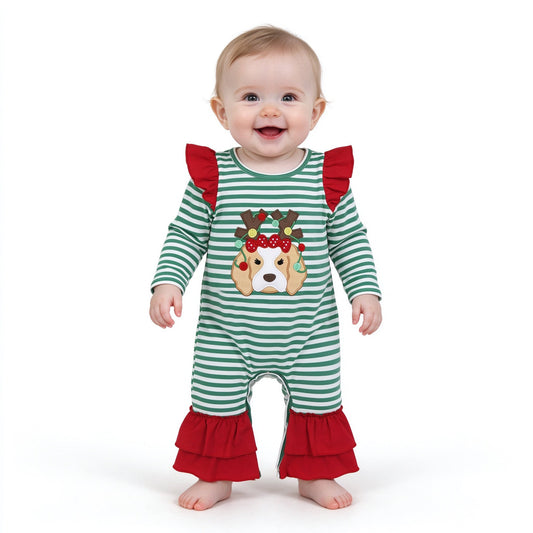 Embroidery Lights Dog Baby Girls Green Stripe Christmas Ruffle Pant Rompers
