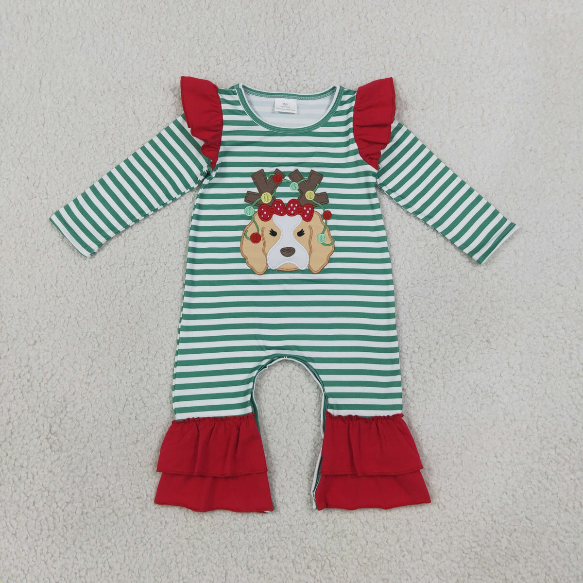 Embroidery Lights Dog Baby Girls Green Stripe Christmas Ruffle Pant Rompers
