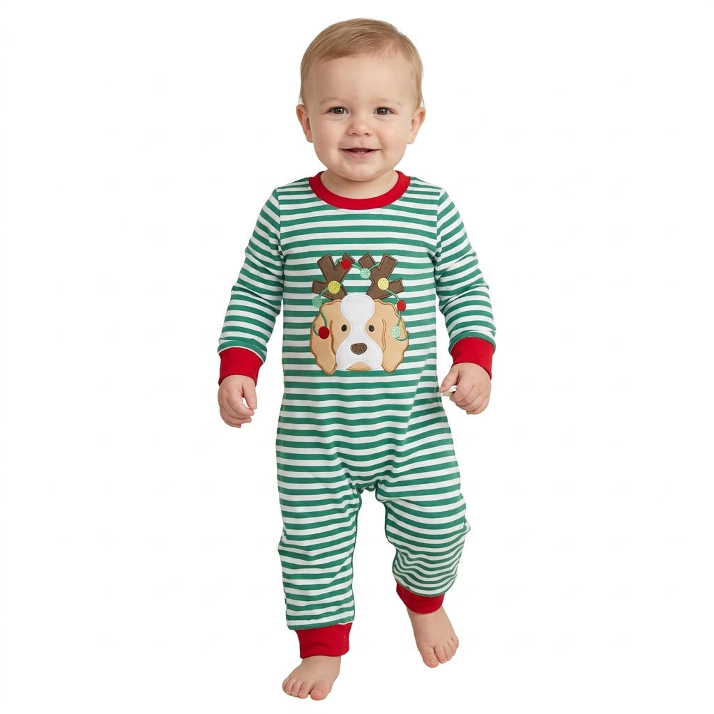 Embroidery Lights Dog Baby Boys Green Stripe Christmas Pant Rompers