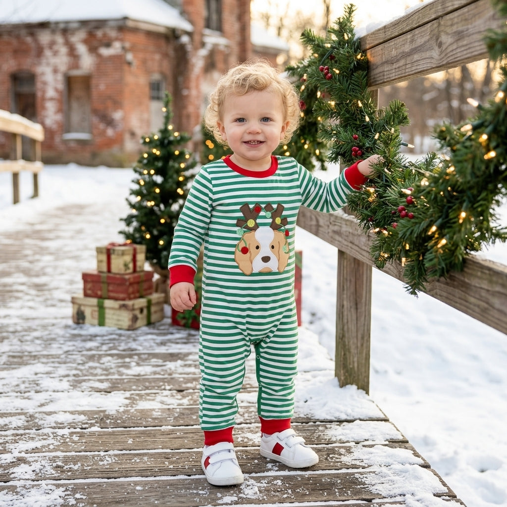 Embroidery Lights Dog Baby Boys Green Stripe Christmas Pant Rompers