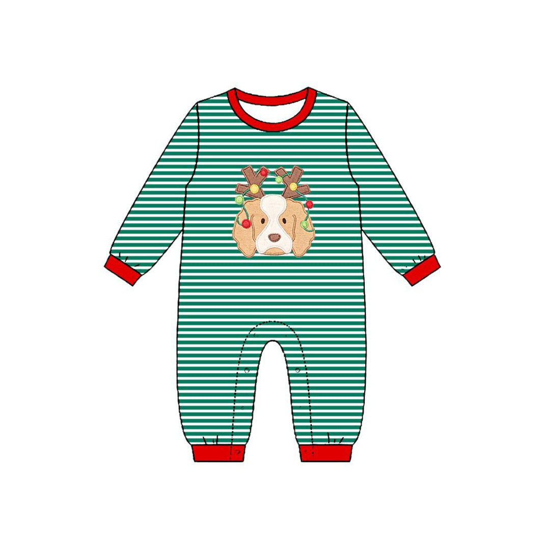 Preorder moq 5 Baby Boys Green Stripe Lights Dog Christmas Pant Rompers
