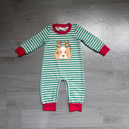 Embroidery Lights Dog Baby Boys Green Stripe Christmas Pant Rompers Preorder