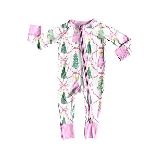 Preorder moq 5 Baby Girls Bows Trees Checked Christmas Two Way Zip Convertible Rompers