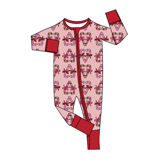 Preorder moq 5 Baby Girls Bows Candy Cane Christmas Two Way Zip Convertible Rompers