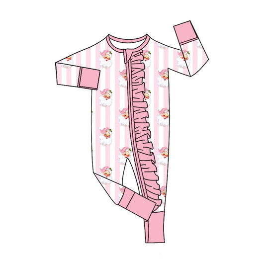 Preorder moq 5 Baby Girls Pink Stripe Santa Christmas Two Way Ruffle Zip Convertible Rompers