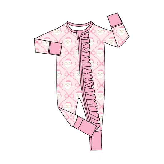 Preorder moq 5 Baby Girls Pink Bows Santa Christmas Two Way Ruffle Zip Convertible Rompers