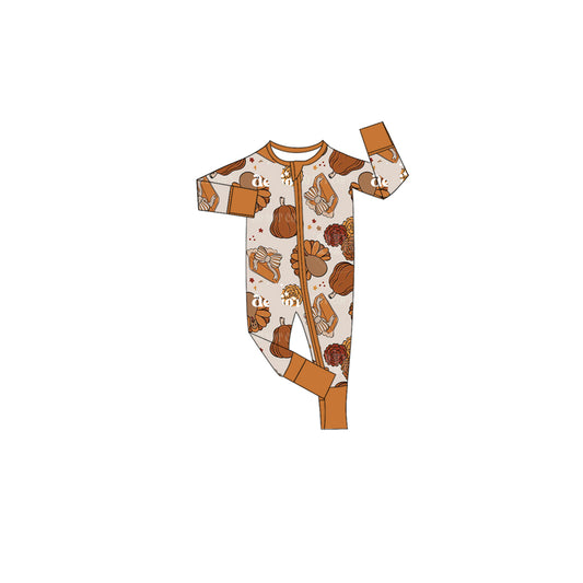 Preorder moq 5 Baby Girls Bows Turkey Thanksgivings Two Way Zip Convertible Rompers