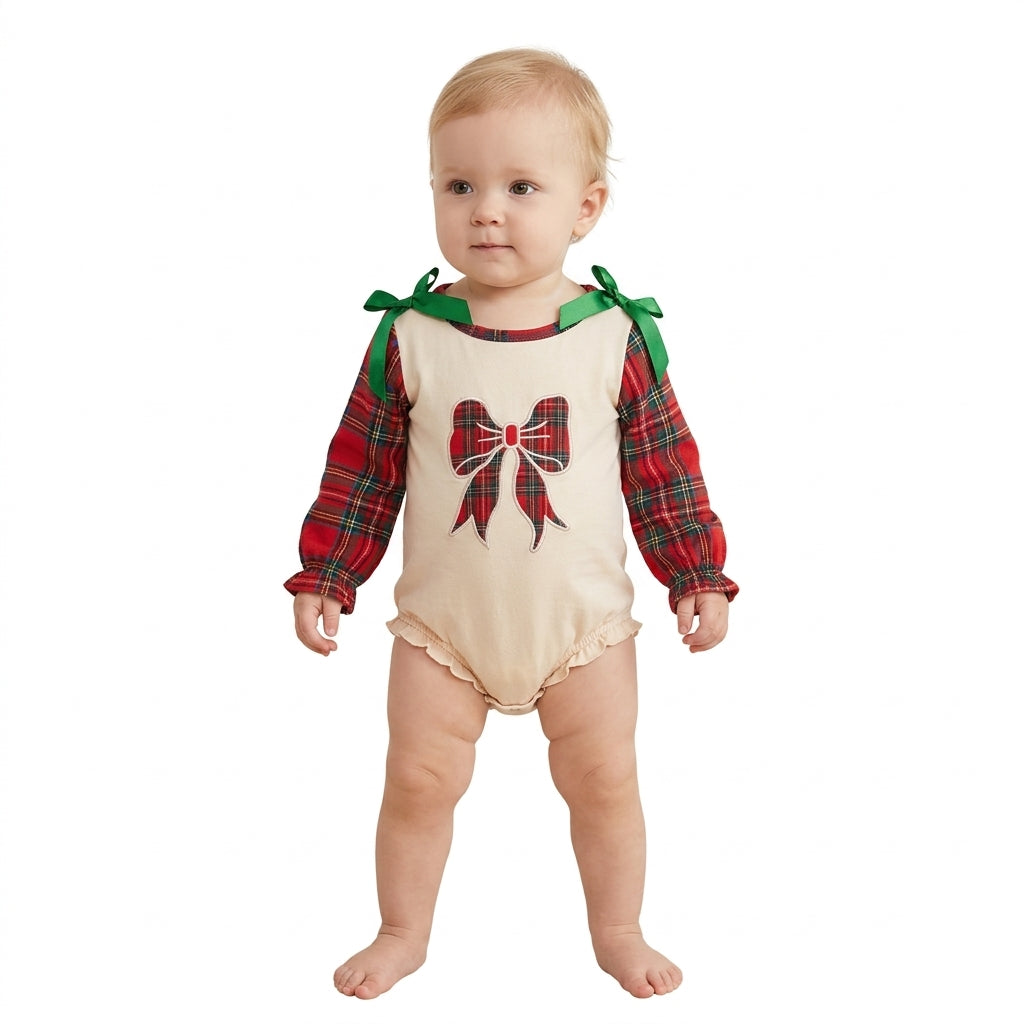 Embroidery Checked Bows Baby Girls Red Green Christmas Ruffle Rompers