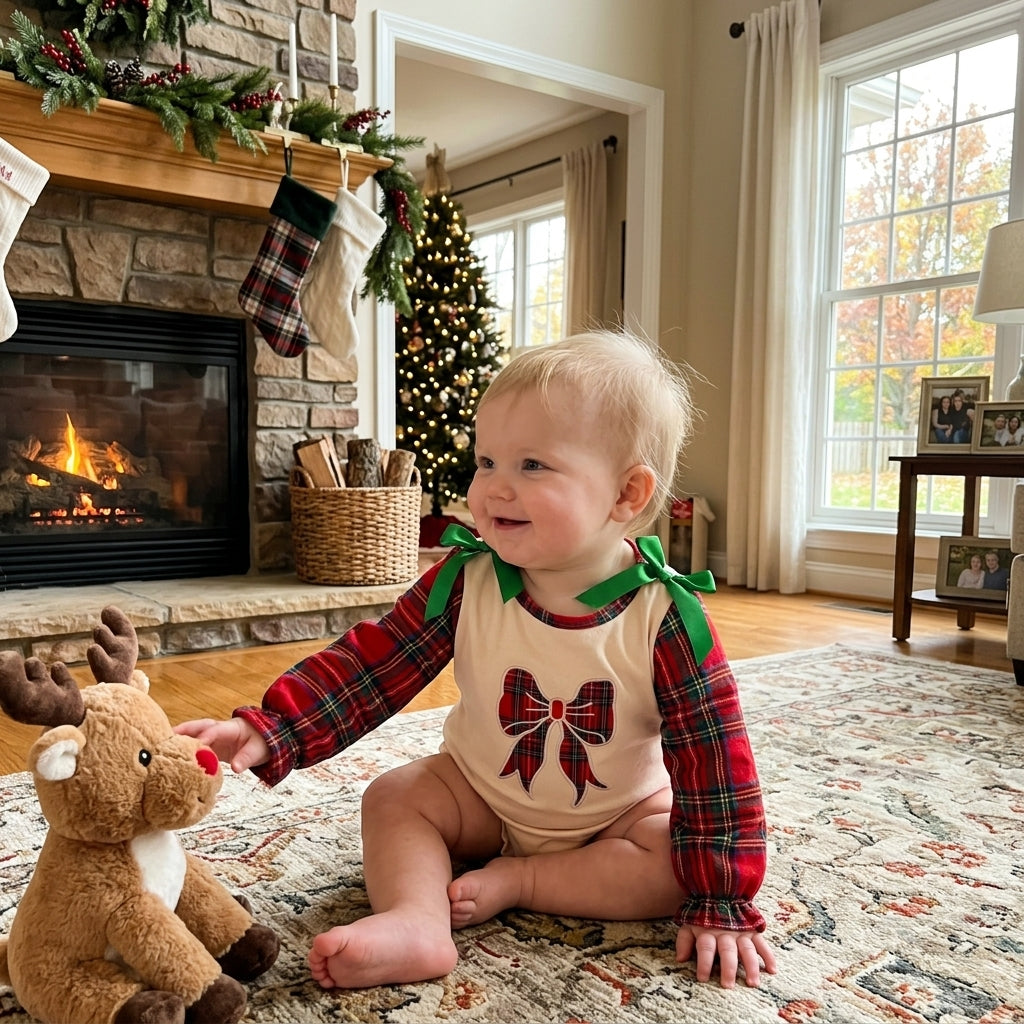 Embroidery Checked Bows Baby Girls Red Green Christmas Ruffle Rompers